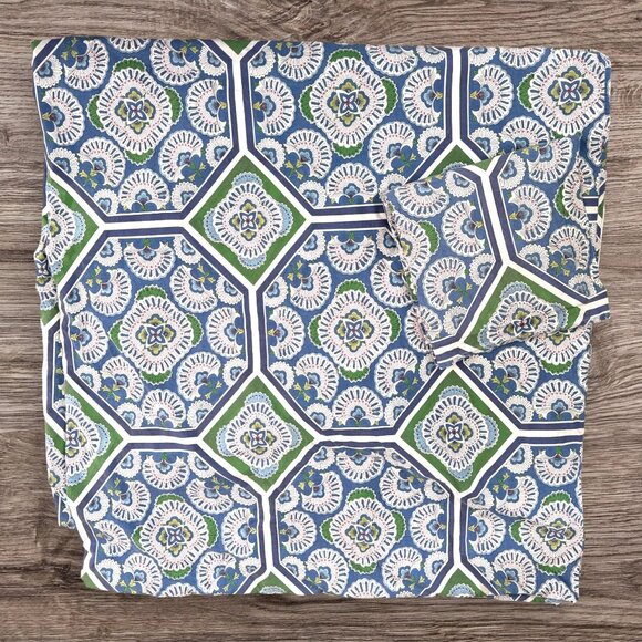 Pottery Barn Soleil Full Queen Duvet Cover Blue Green Medallion Cotton 3-Pc Set